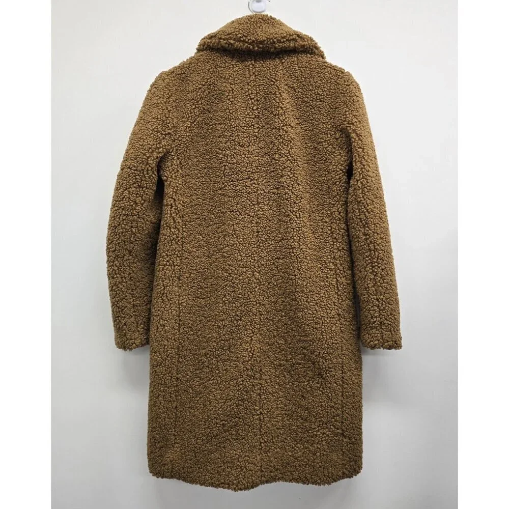 J Crew Teddy Sherpa Topcoat Size XS Lined Pockets Snap Buttons Plush Brown